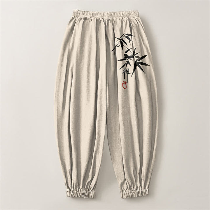 Buddha Stones Pure Cotton Ink Bamboo Pattern Drawstring Men's Harem Pants With Pockets - image 14