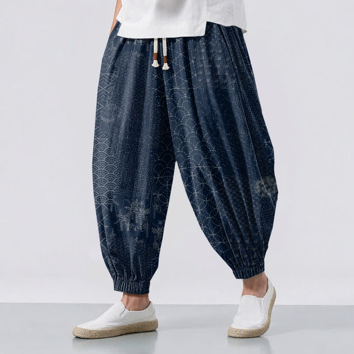 Buddha Stones Pure Cotton Geometric Wave Pattern Drawstring Men's Harem Pants With Pockets - Navy - US/UK/AU50，EU60 (5XL) - image 0