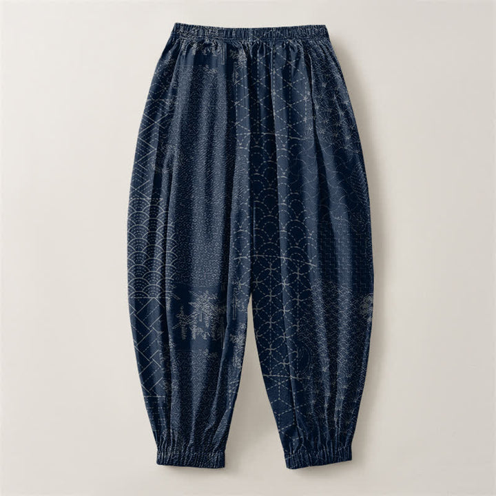 Buddha Stones Pure Cotton Geometric Wave Pattern Drawstring Men's Harem Pants With Pockets - image 2