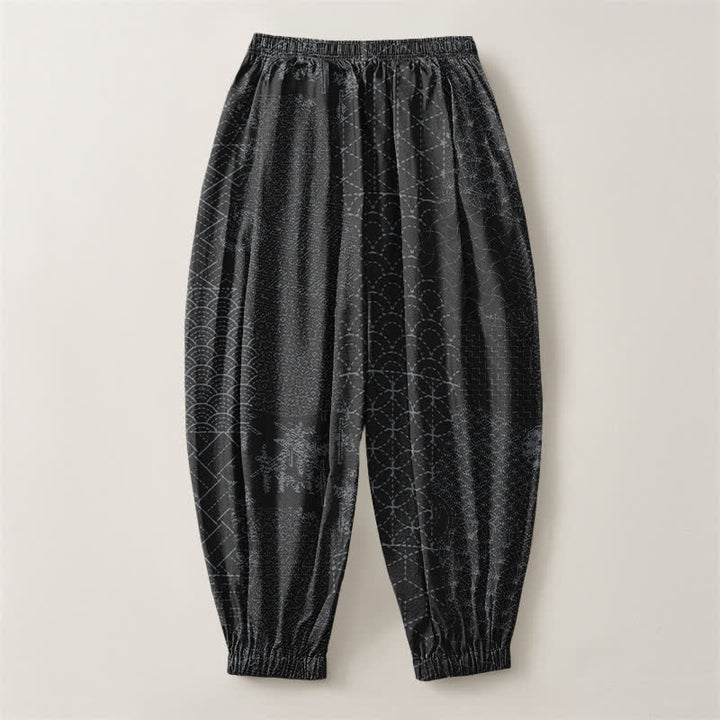 Buddha Stones Pure Cotton Geometric Wave Pattern Drawstring Men's Harem Pants With Pockets - image 14