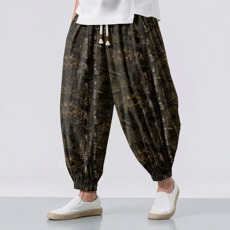 Buddha Stones Pure Cotton Marble Camo Pattern Drawstring Men's Harem Pants With Pockets - SaddleBrown - US/UK/AU50，EU60 (5XL) - image 0