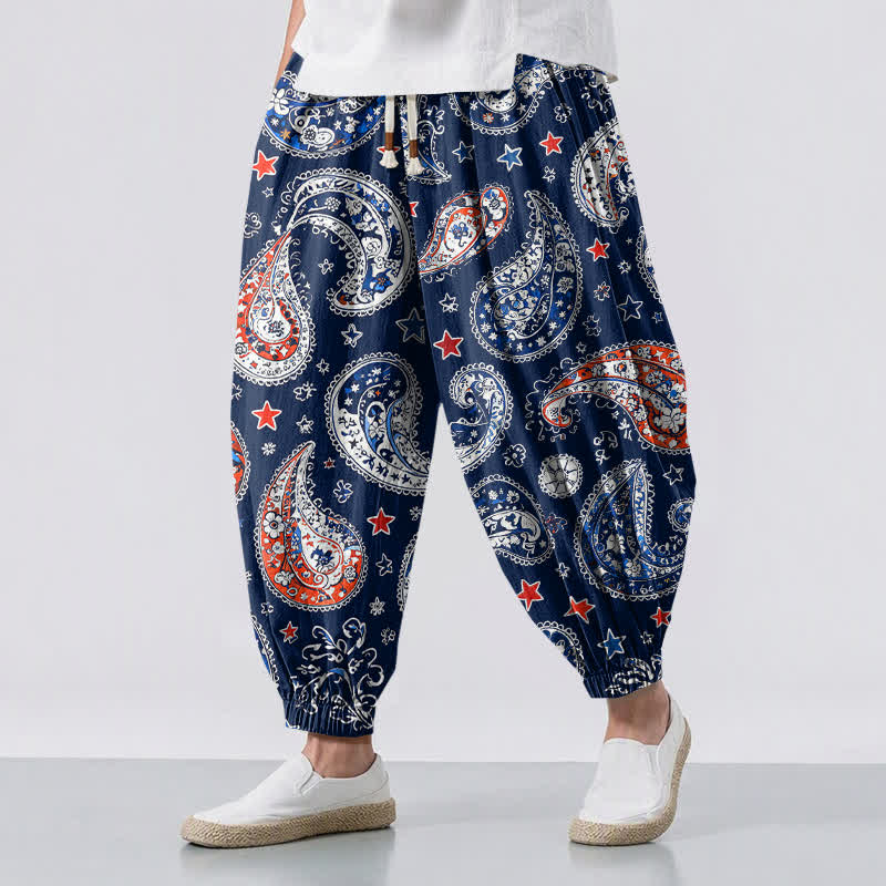 Buddha Stones Pure Cotton Paisley Star Pattern Drawstring Men's Harem Pants With Pockets - Navy - US/UK/AU50，EU60 (5XL) - image 0