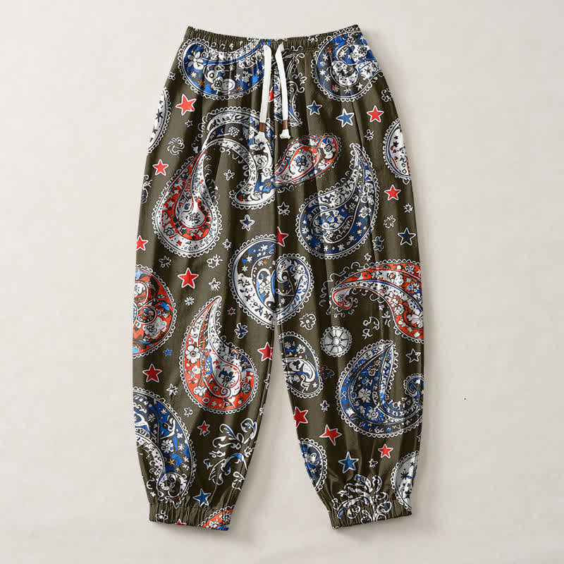 Buddha Stones Pure Cotton Paisley Star Pattern Drawstring Men's Harem Pants With Pockets - image 7