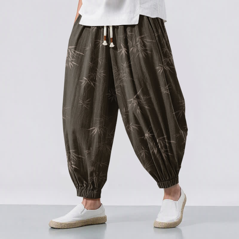 Buddha Stones Pure Cotton Bamboo Leaf Pattern Drawstring Men's Harem Pants With Pockets - SaddleBrown - US/UK/AU50，EU60 (5XL) - image 0