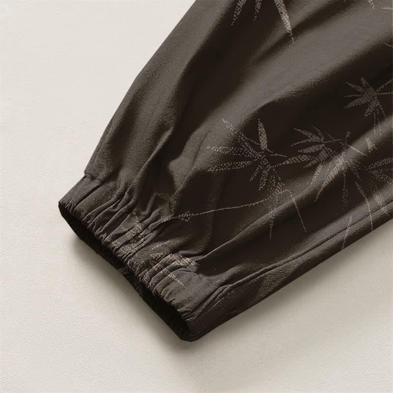 Buddha Stones Pure Cotton Bamboo Leaf Pattern Drawstring Men's Harem Pants With Pockets - image 4