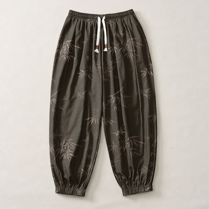 Buddha Stones Pure Cotton Bamboo Leaf Pattern Drawstring Men's Harem Pants With Pockets - image 1