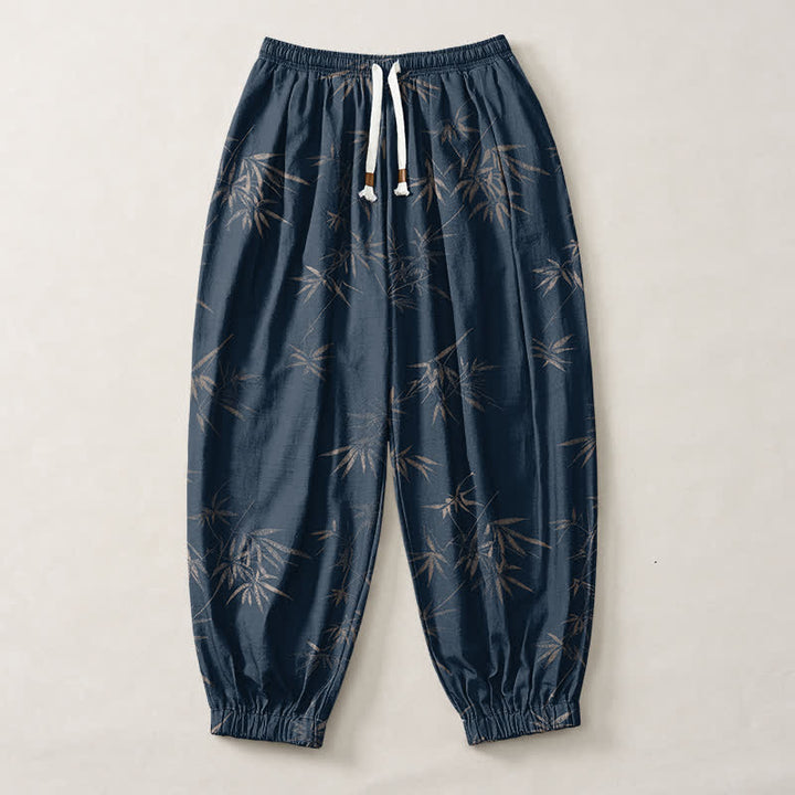 Buddha Stones Pure Cotton Bamboo Leaf Pattern Drawstring Men's Harem Pants With Pockets - image 7