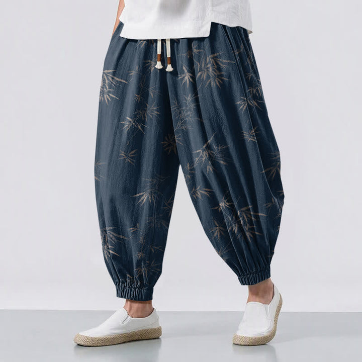 Buddha Stones Pure Cotton Bamboo Leaf Pattern Drawstring Men's Harem Pants With Pockets - Navy - US/UK/AU50，EU60 (5XL) - image 6