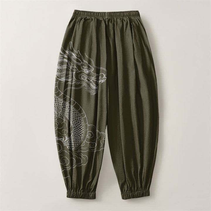 Buddha Stones Pure Cotton White Dragon Clouds Pattern Drawstring Men's Harem Pants With Pockets - image 2