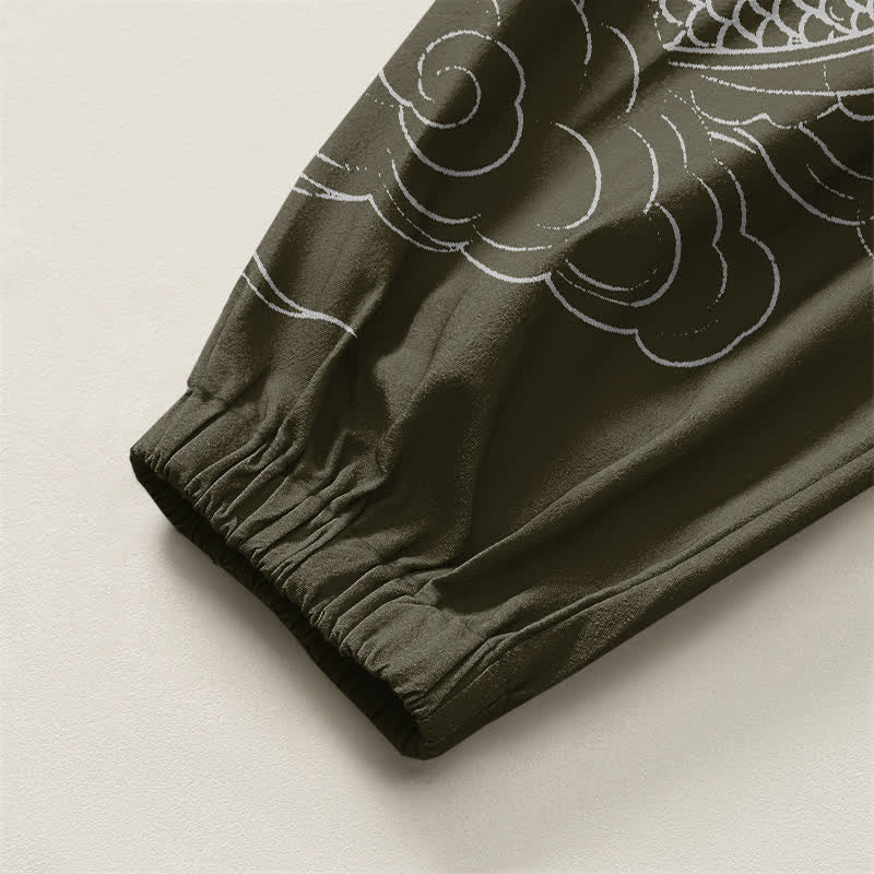 Buddha Stones Pure Cotton White Dragon Clouds Pattern Drawstring Men's Harem Pants With Pockets - image 4