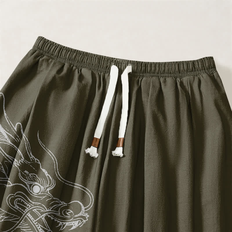 Buddha Stones Pure Cotton White Dragon Clouds Pattern Drawstring Men's Harem Pants With Pockets - image 3