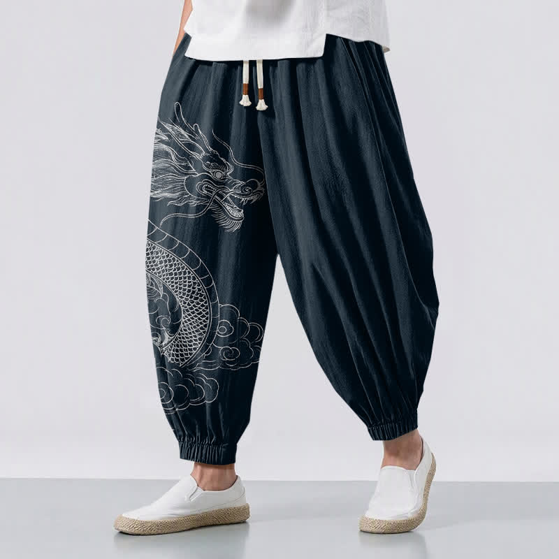 Buddha Stones Pure Cotton White Dragon Clouds Pattern Drawstring Men's Harem Pants With Pockets - Navy - US/UK/AU50，EU60 (5XL) - image 6