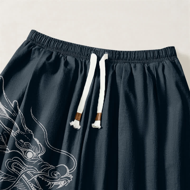 Buddha Stones Pure Cotton White Dragon Clouds Pattern Drawstring Men's Harem Pants With Pockets - image 9