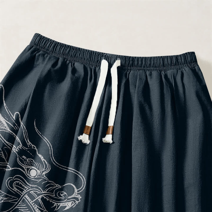 Buddha Stones Pure Cotton White Dragon Clouds Pattern Drawstring Men's Harem Pants With Pockets - image 9