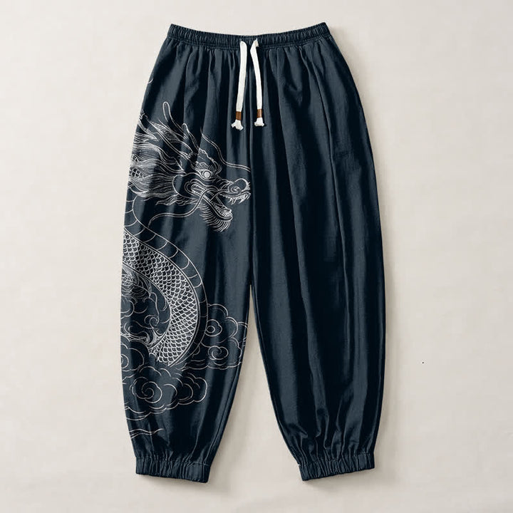 Buddha Stones Pure Cotton White Dragon Clouds Pattern Drawstring Men's Harem Pants With Pockets - image 7