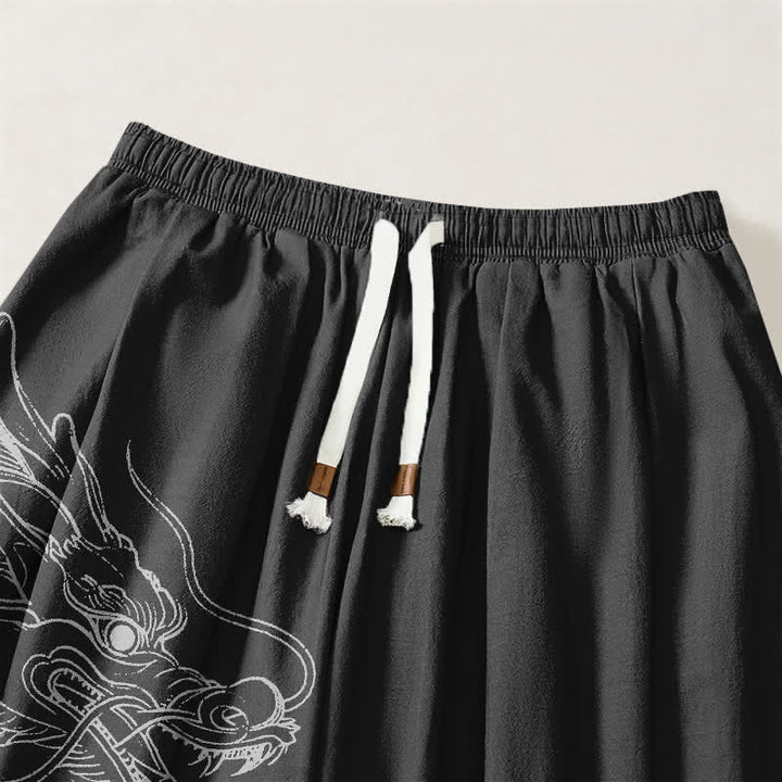 Buddha Stones Pure Cotton White Dragon Clouds Pattern Drawstring Men's Harem Pants With Pockets - image 15