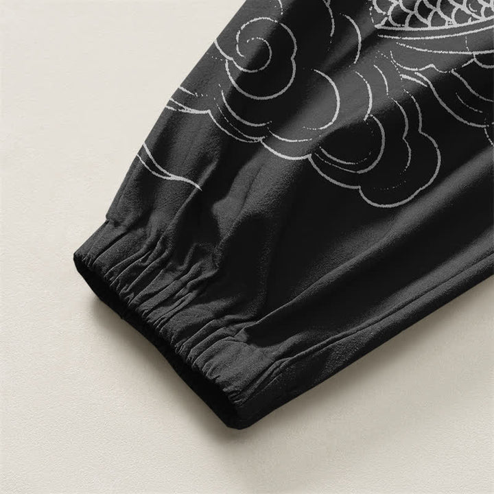 Buddha Stones Pure Cotton White Dragon Clouds Pattern Drawstring Men's Harem Pants With Pockets - image 16