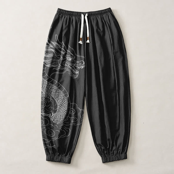 Buddha Stones Pure Cotton White Dragon Clouds Pattern Drawstring Men's Harem Pants With Pockets - image 13