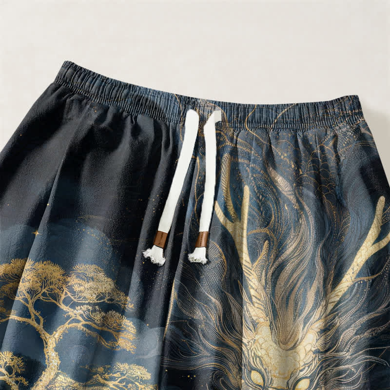 Buddha Stones Pure Cotton Golden Dragon Landscape Pattern Drawstring Men's Harem Pants With Pockets - image 3