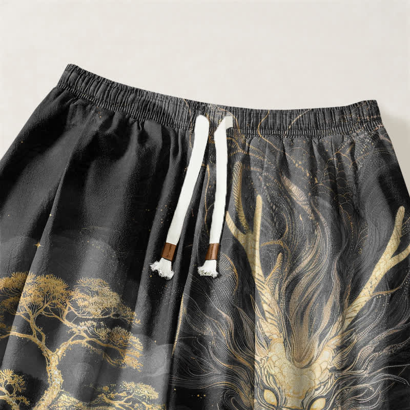 Buddha Stones Pure Cotton Golden Dragon Landscape Pattern Drawstring Men's Harem Pants With Pockets - image 9