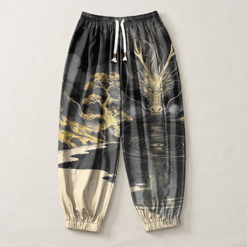 Buddha Stones Pure Cotton Golden Dragon Landscape Pattern Drawstring Men's Harem Pants With Pockets - image 7