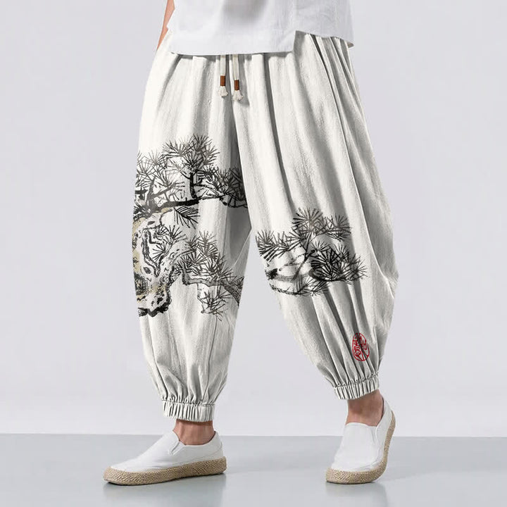 Buddha Stones Pure Cotton Ink Pine Tree Pattern Drawstring Men's Harem Pants With Pockets - Ivory - US/UK/AU50，EU60 (5XL) - image 0