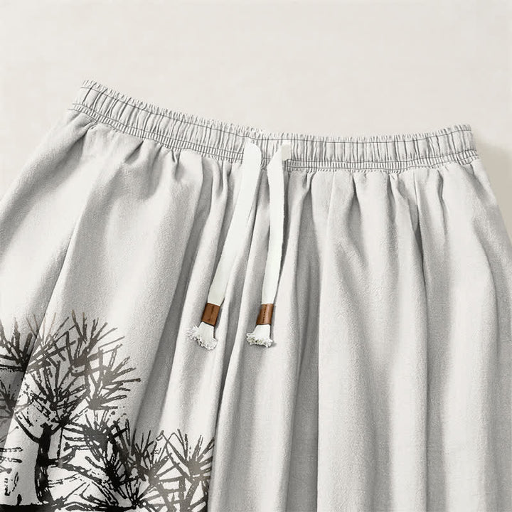 Buddha Stones Pure Cotton Ink Pine Tree Pattern Drawstring Men's Harem Pants With Pockets - image 3