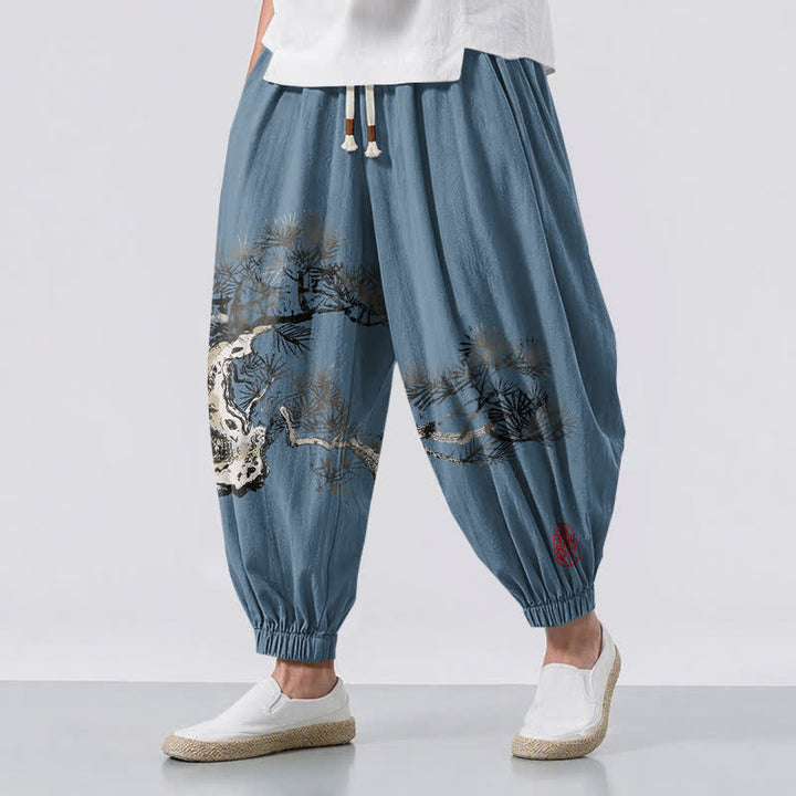 Buddha Stones Pure Cotton Ink Pine Tree Pattern Drawstring Men's Harem Pants With Pockets - SteelBlue - US/UK/AU50，EU60 (5XL) - image 6