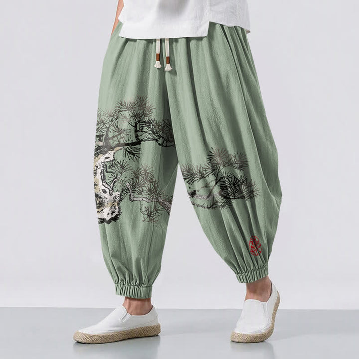 Buddha Stones Pure Cotton Ink Pine Tree Pattern Drawstring Men's Harem Pants With Pockets - LightGreen - US/UK/AU50，EU60 (5XL) - image 12