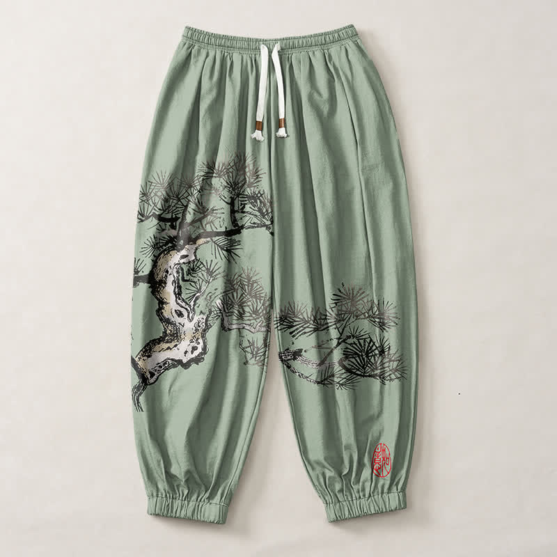 Buddha Stones Pure Cotton Ink Pine Tree Pattern Drawstring Men's Harem Pants With Pockets - image 13