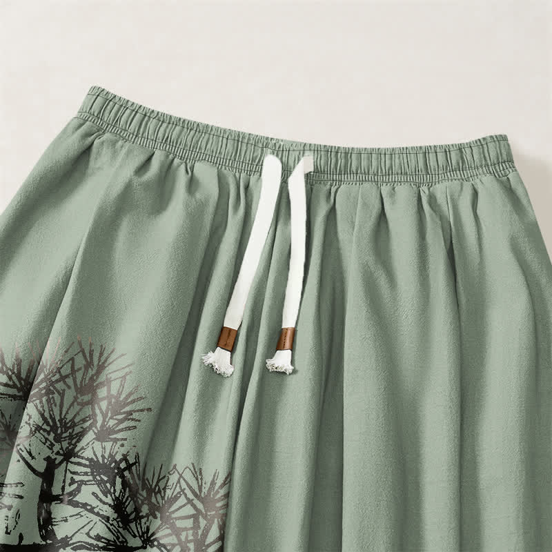 Buddha Stones Pure Cotton Ink Pine Tree Pattern Drawstring Men's Harem Pants With Pockets - image 15