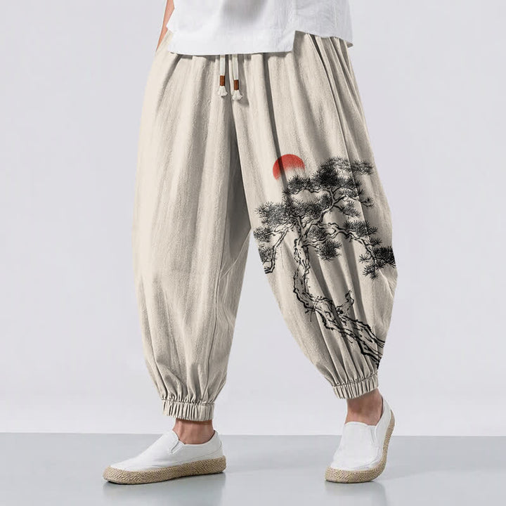 Buddha Stones Pure Cotton Ink Pine Tree Sun Pattern Drawstring Men's Harem Pants With Pockets - Linen - US/UK/AU50，EU60 (5XL) - image 0