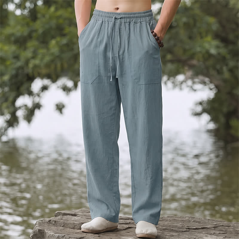 Buddha Stones Spring Summer Classic Minimalist Drawstring Solid Long Pants Men's Straight Leg Pants With Pockets - LightSteelBlue - US/UK/AU44, EU54 (3XL) - image 8