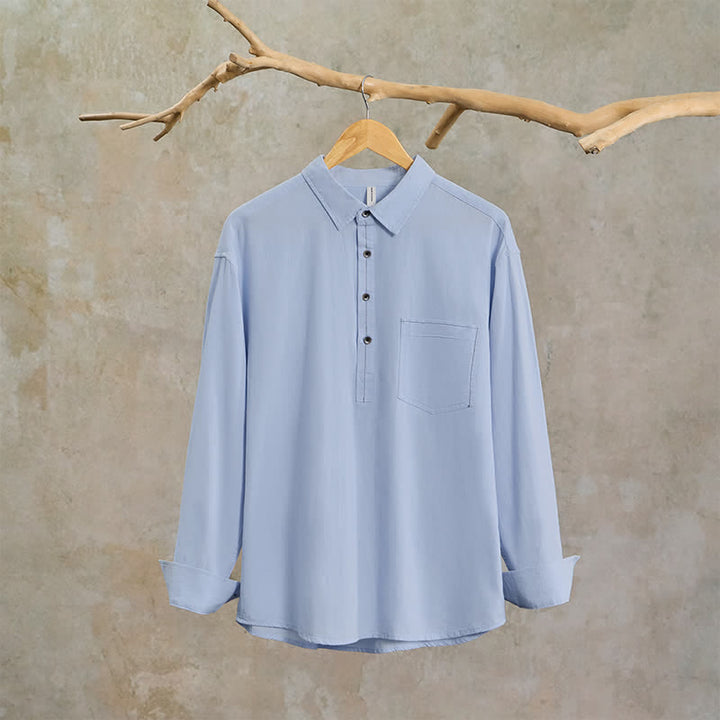 Buddha Stones Spring Fall Casual Button-Up Solid Cotton Men's Long Sleeve Shirts With Patch Pocket - image 21