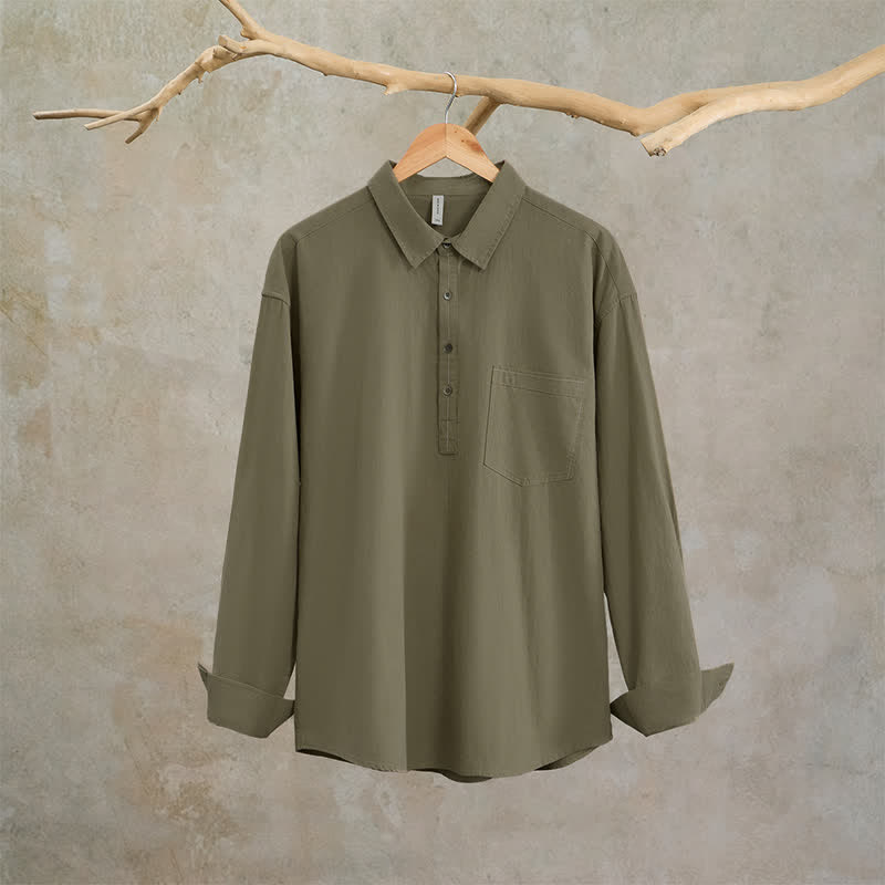 Buddha Stones Spring Fall Casual Button-Up Solid Cotton Men's Long Sleeve Shirts With Patch Pocket - image 2