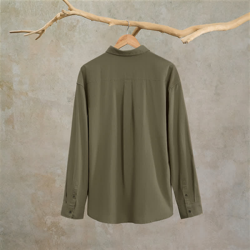 Buddha Stones Spring Fall Casual Button-Up Solid Cotton Men's Long Sleeve Shirts With Patch Pocket - image 3