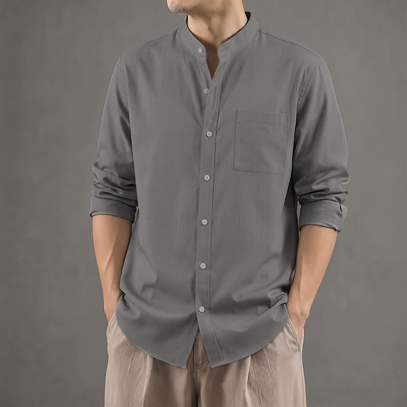 Buddha Stones Spring Fall Casual Tang Style Mandarin Collar Solid Men's Long Sleeve Shirts With Patch Pocket - image 21