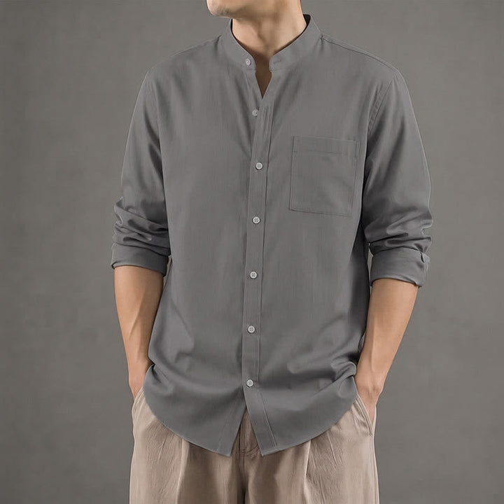 Buddha Stones Spring Fall Casual Tang Style Mandarin Collar Solid Men's Long Sleeve Shirts With Patch Pocket - image 21