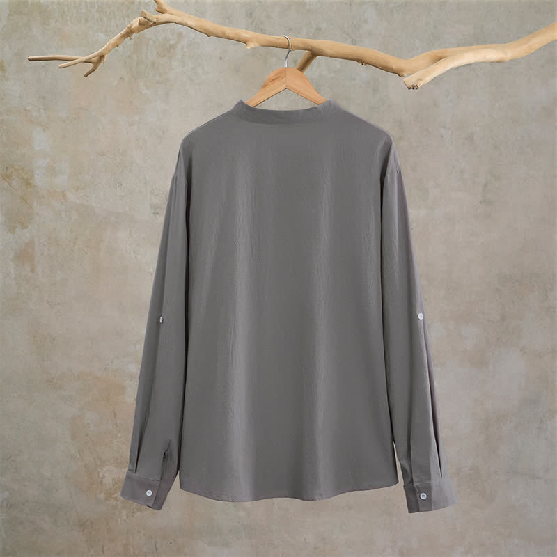 Buddha Stones Spring Fall Casual Tang Style Mandarin Collar Solid Men's Long Sleeve Shirts With Patch Pocket - image 23