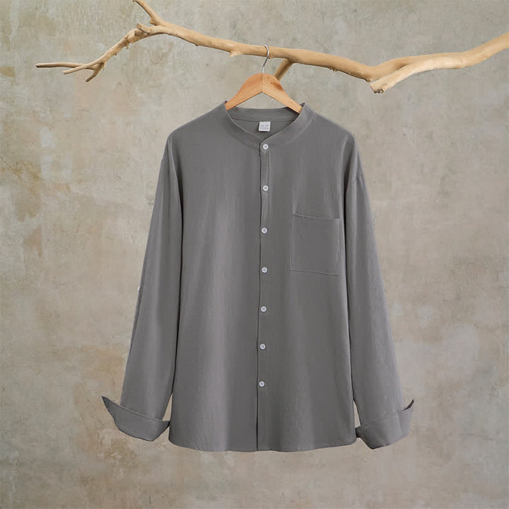 Buddha Stones Spring Fall Casual Tang Style Mandarin Collar Solid Men's Long Sleeve Shirts With Patch Pocket - image 22