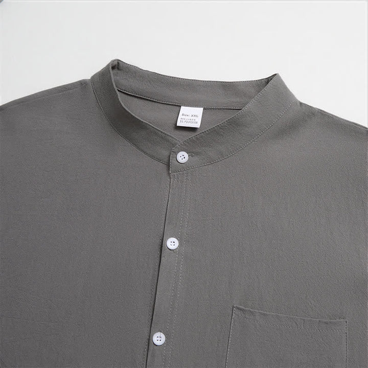 Buddha Stones Spring Fall Casual Tang Style Mandarin Collar Solid Men's Long Sleeve Shirts With Patch Pocket - image 24