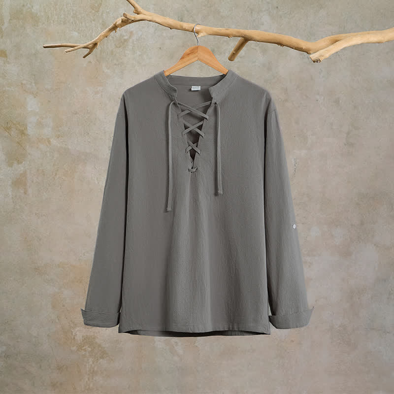 Buddha Stones Spring Fall Casual Tang Style Drawstring Solid Cotton Linen Men's Long Sleeve Shirts - image 7