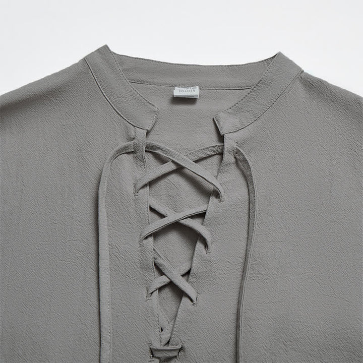 Buddha Stones Spring Fall Casual Tang Style Drawstring Solid Cotton Linen Men's Long Sleeve Shirts - image 9