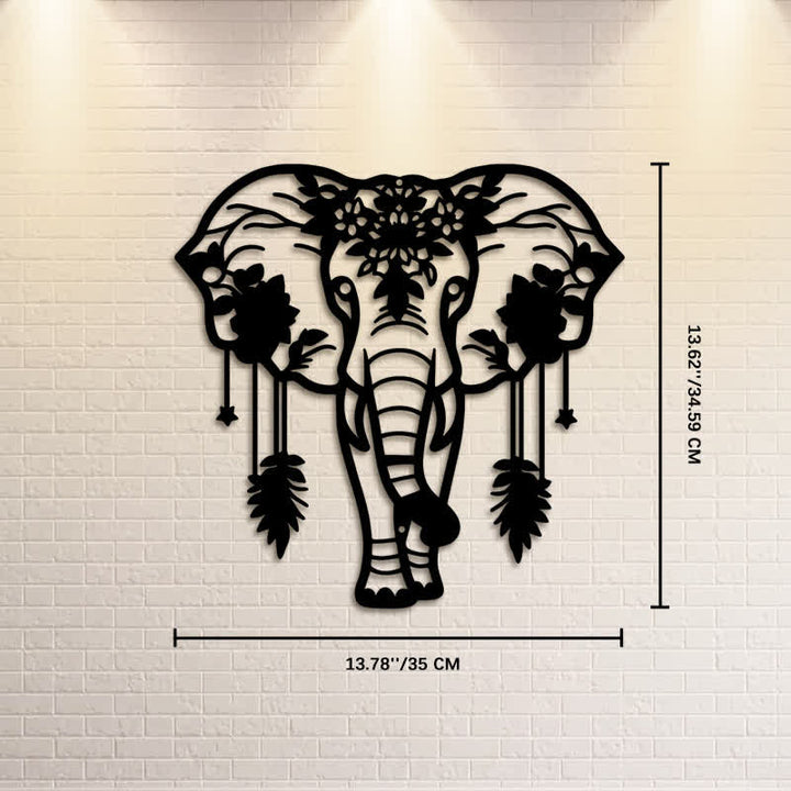 Buddha Stones Lucky Elephant Feather Flower Pattern Iron Metal Wall Decor - Approx. 35cm x 34.59cm x 0.1cm / 13.78in x 13.62in x 0.04in - image 6