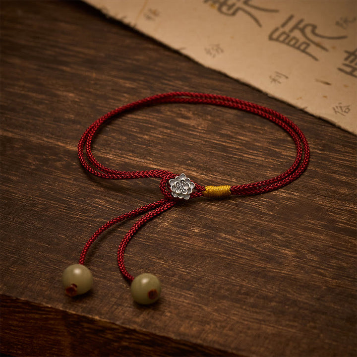 Buddha Stones 925 Sterling Silver Lotus Purity Vintage Braided Red String Bracelet - Lotus (Wrist Circumference: 5.5–7.1 in/14–18 cm) - image 0