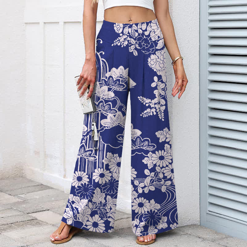 Buddha Stones Cotton Linen Vintage Bloom Pattern Women's Elastic Waist Wide Leg Pants With Pockets - image 5