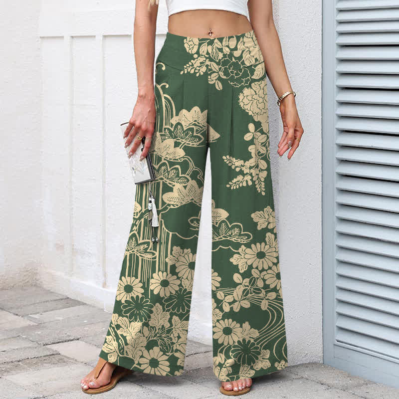 Buddha Stones Cotton Linen Vintage Bloom Pattern Women's Elastic Waist Wide Leg Pants With Pockets - image 7