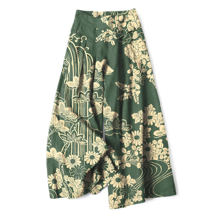 Buddha Stones Cotton Linen Vintage Bloom Pattern Women's Elastic Waist Wide Leg Pants With Pockets - SeaGreen - US16，UK/AU20，EU48 (3XL) - image 6