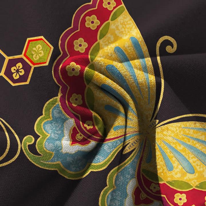 Buddha Stones Cotton Linen Colorful Butterfly Pattern Women's Elastic Waist Wide Leg Pants With Pockets - image 3