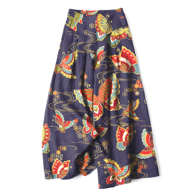 Buddha Stones Cotton Linen Colorful Butterfly Pattern Women's Elastic Waist Wide Leg Pants With Pockets - Indigo - US16，UK/AU20，EU48 (3XL) - image 6